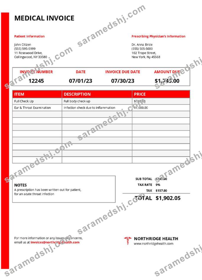 USA New York Northridge Health Center medical invoice template